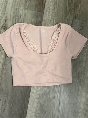 aerie Blush Pink Lace-Trim Ribbed Scoop Crop Top sz Small